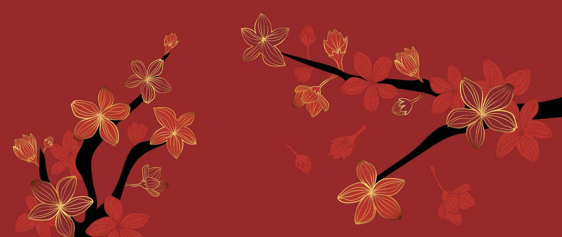 luxe Oriental fleur Contexte vecteur. élégant Cerise fleur fleur d'or ligne art sur rouge Contexte. floral modèle conception illustration pour décoration, fond d'écran, affiche, bannière, carte. vecteur
