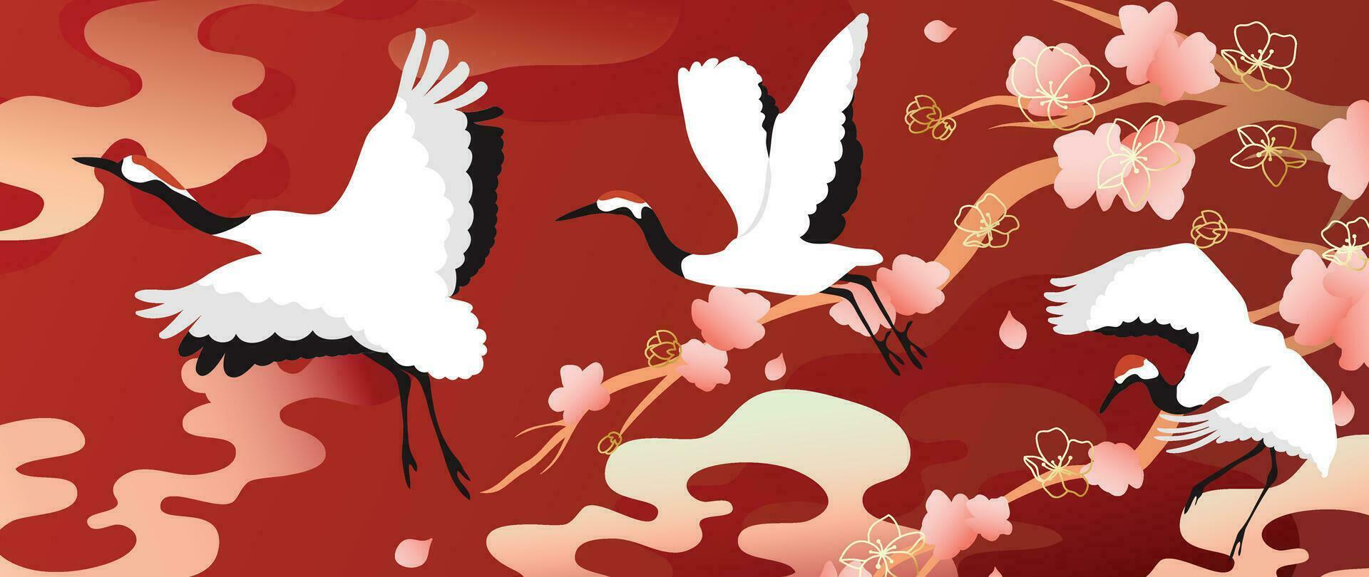 vecteur de fond de style oriental or de luxe. conception de motif de papier peint chinois et japonais d'élégants oiseaux et fleurs de grue avec texture de ligne d'or. illustration de conception pour la décoration, décoration murale.
