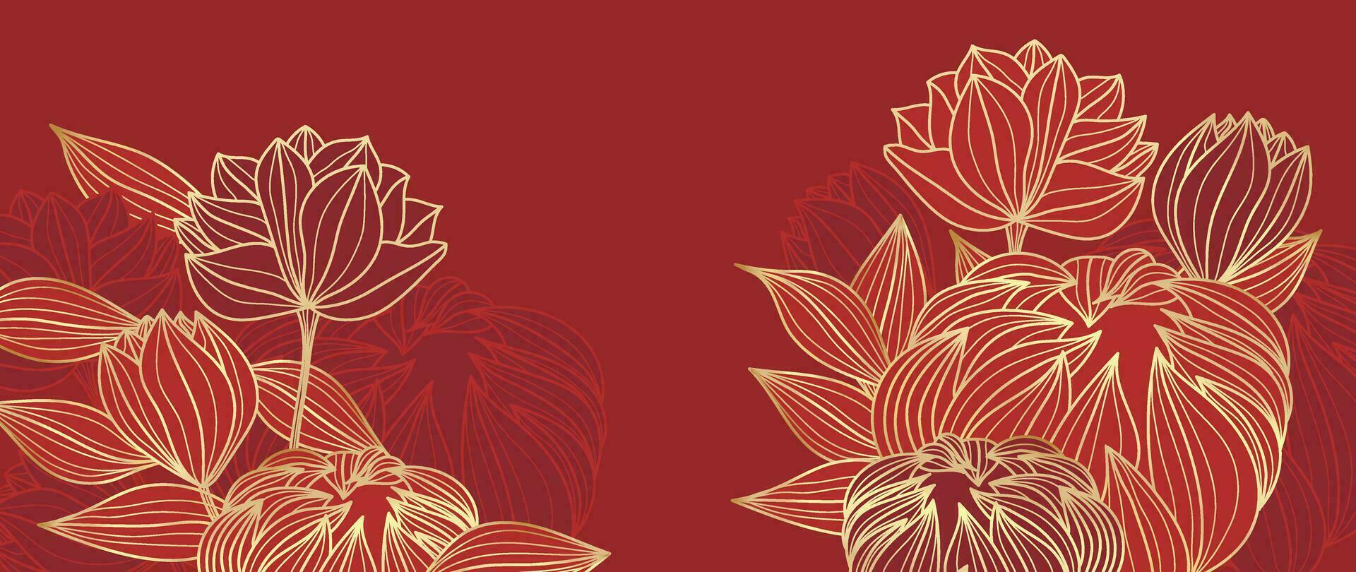 luxe Oriental fleur Contexte vecteur. élégant pivoine fleurs et feuilles d'or ligne art sur rouge Contexte. floral modèle conception illustration pour décoration, fond d'écran, affiche, bannière, carte. vecteur