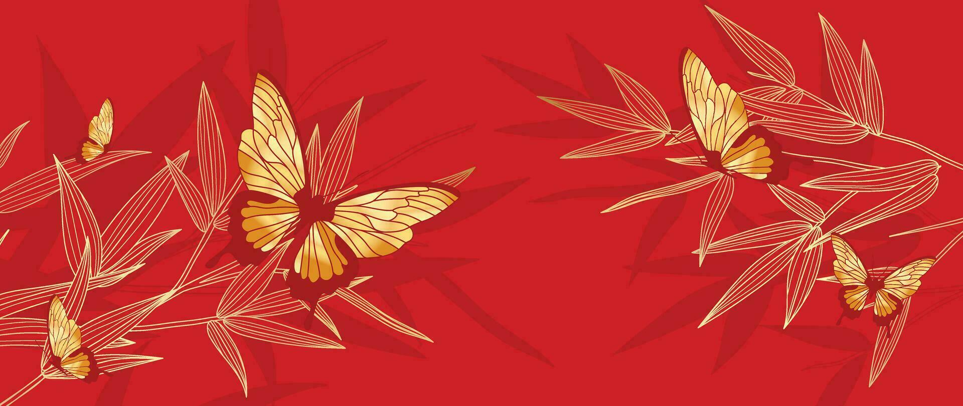luxe Oriental Japonais modèle Contexte vecteur. élégant papillons et bambou feuille d'or ligne art sur rouge Contexte. conception illustration pour décoration, fond d'écran, affiche, bannière, carte. vecteur