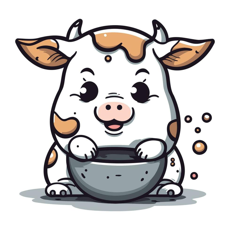 mignonne dessin animé vache avec une bol de lait. vecteur illustration.