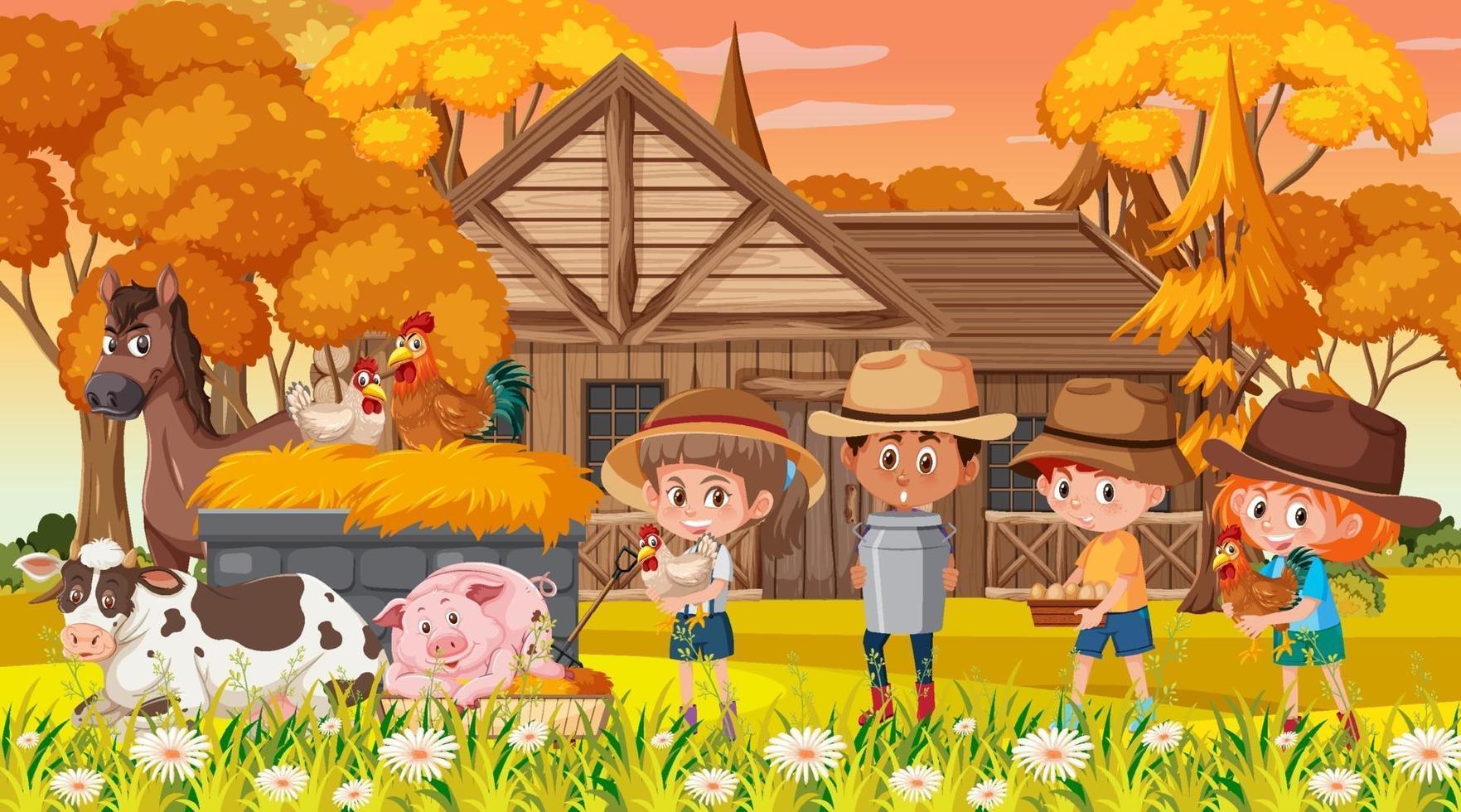 scène de ferme avec de nombreux personnages de dessins animés pour enfants et animaux de la ferme vecteur