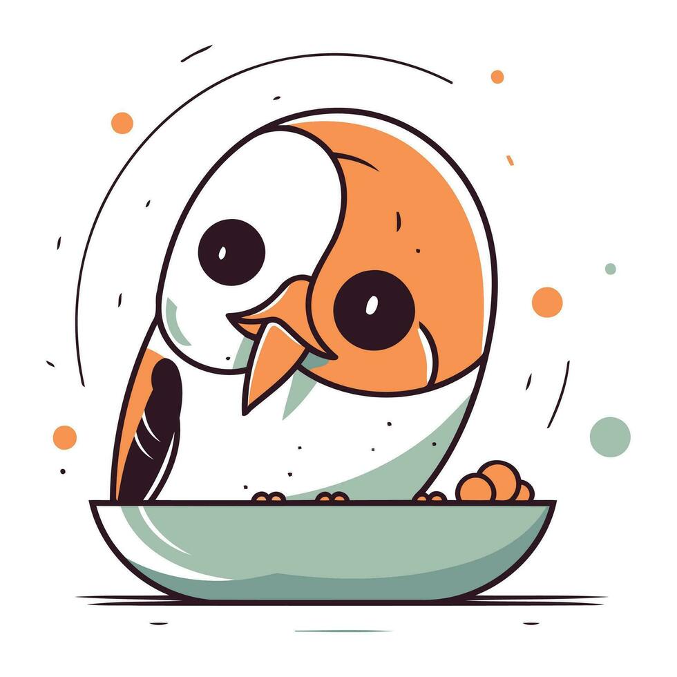 mignonne dessin animé oiseau en mangeant de une bol. vecteur illustration dans une plat style.