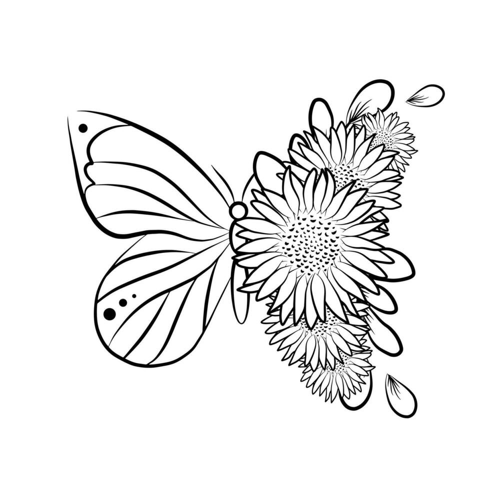 linéaire papillon aile avec Rose fleurs. magnifique main tiré vecteur illustration. T-shirt impression modèle.