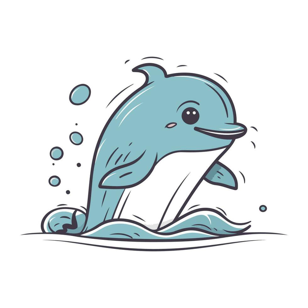 mignonne dessin animé dauphin sauter en dehors de le l'eau. vecteur illustration.