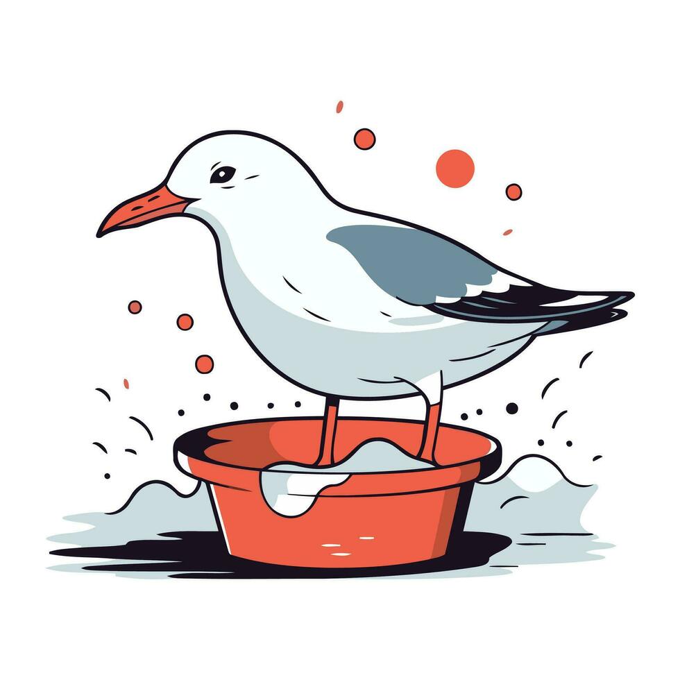 vecteur illustration de une mouette dans une seau avec l'eau.