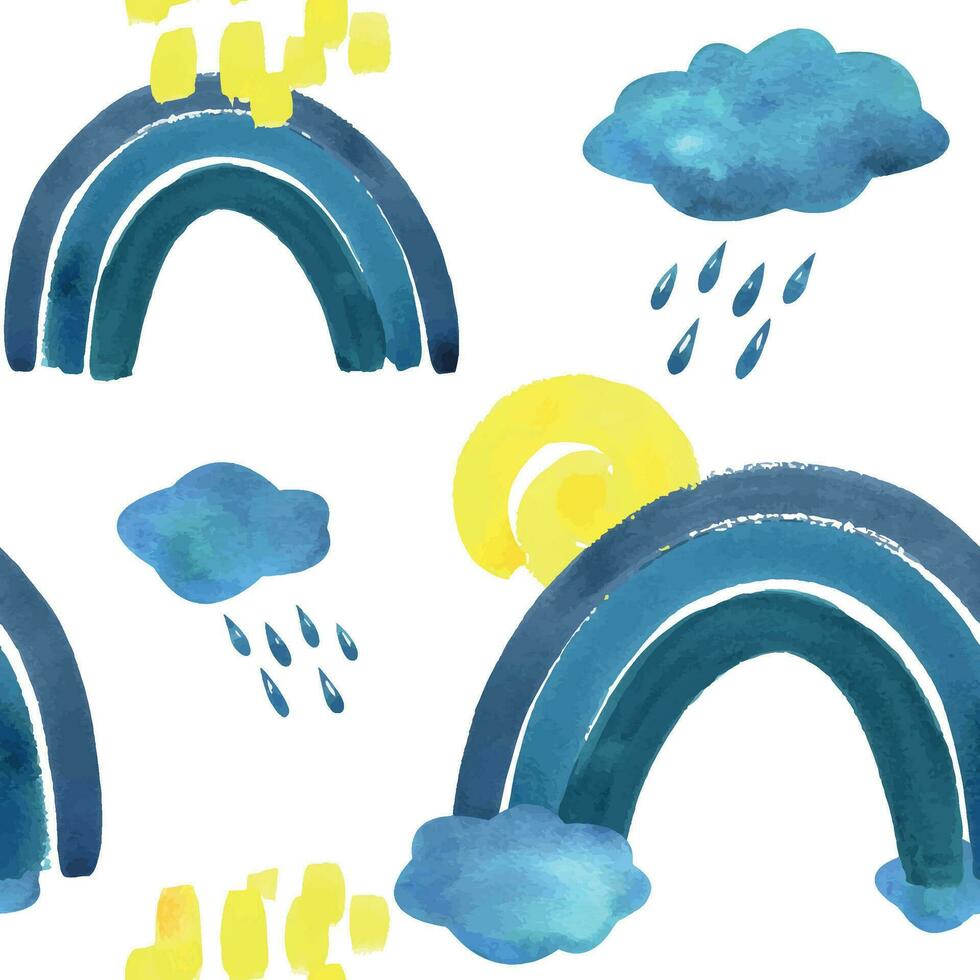 bleu, turquoise arc-en-ciel, des nuages avec gouttes de pluie et Jaune spirale Soleil. aquarelle illustration main tiré dans enfants style pour affiches, cartes, autocollants. sans couture modèle sur une blanc Contexte vecteur