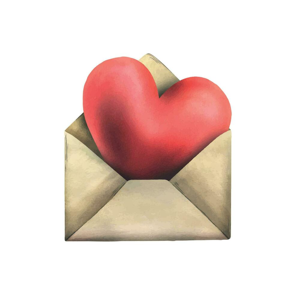 gros rouge cœur à l'intérieur une artisanat papier enveloppe, l'amour lettre. main tiré aquarelle illustration. isolé objet sur blanc Contexte pour la Saint-Valentin journée. vecteur