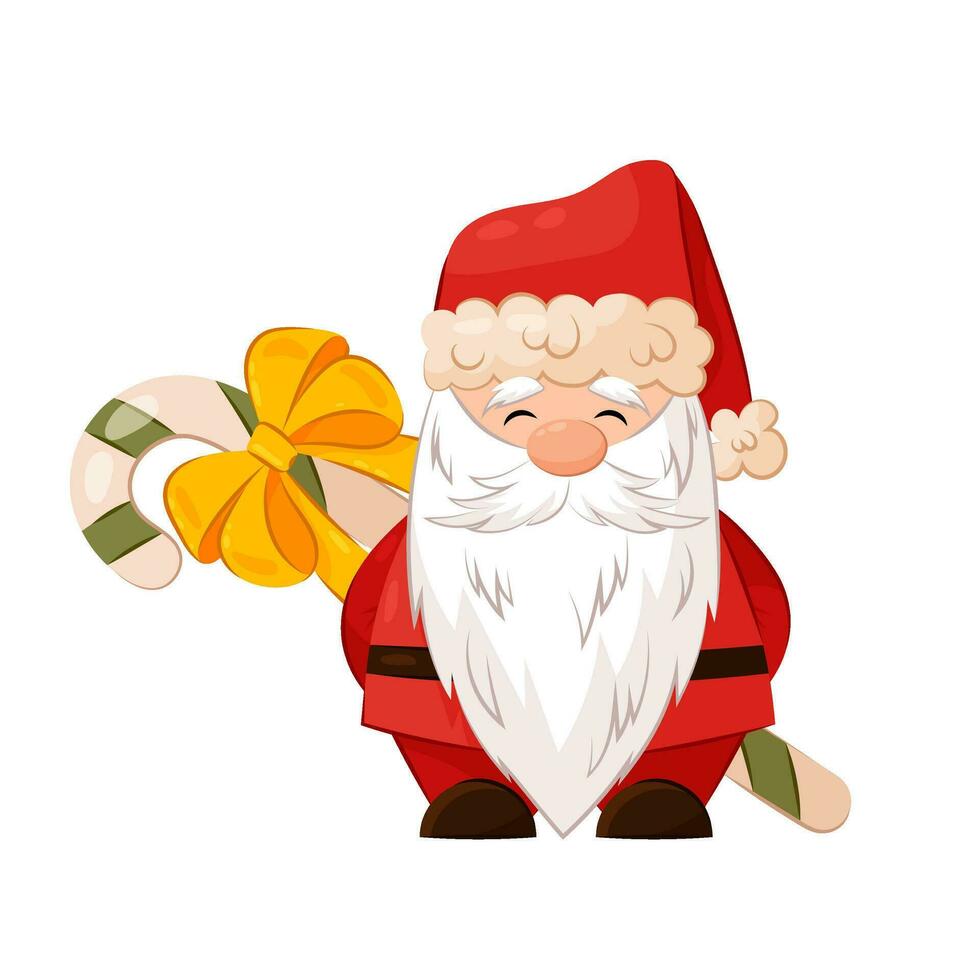 mignonne Noël gnome dans une rouge costume sur une blanc Contexte. une gnome avec une caramel bâton décoré avec une Jaune arc dans une plat style. Noël gnome dans Père Noël claus costume. vecteur