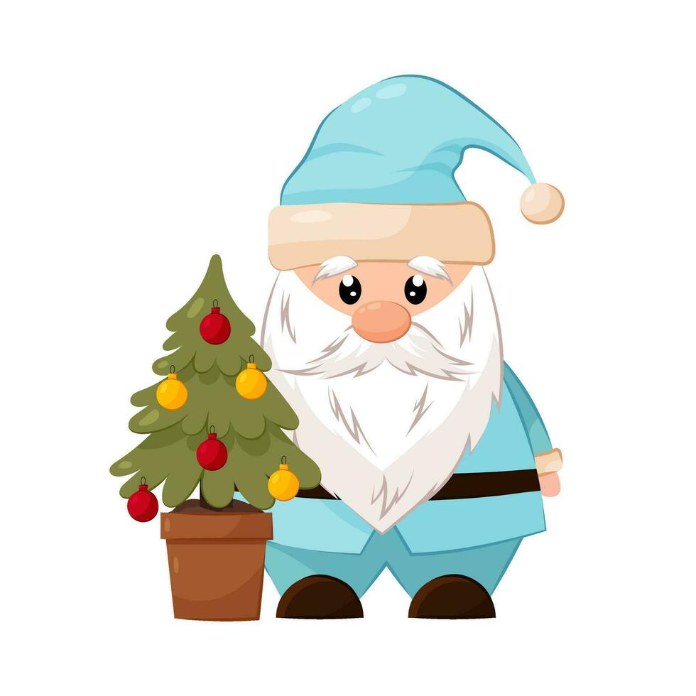 Noël gnome dans une bleu costume avec une Noël arbre. gnome dans plat style sur une blanc Contexte. vecteur