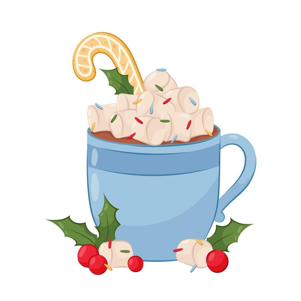 bleu tasse avec chaud cacao et guimauves décoré avec pain d'épice canne et hiver baies dans plat style. Noël, hiver chaud boire. vecteur