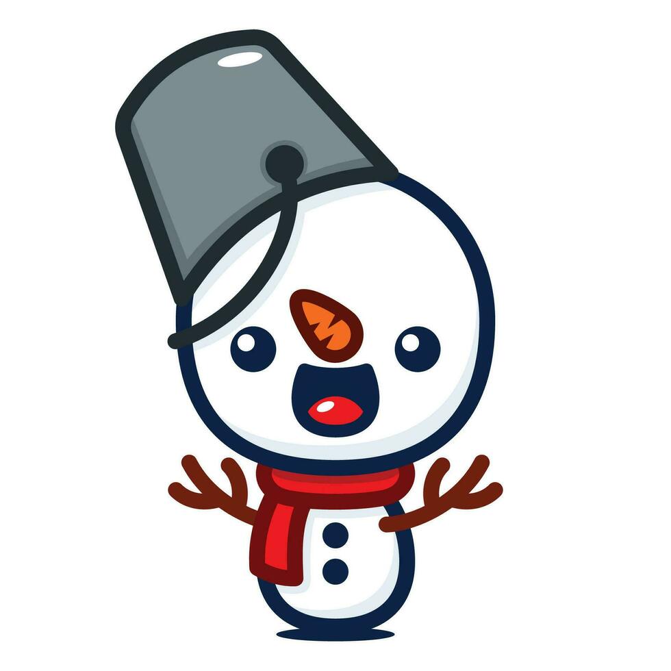 mignonne et kawaii style Noël bonhomme de neige avec seau chapeau vecteur