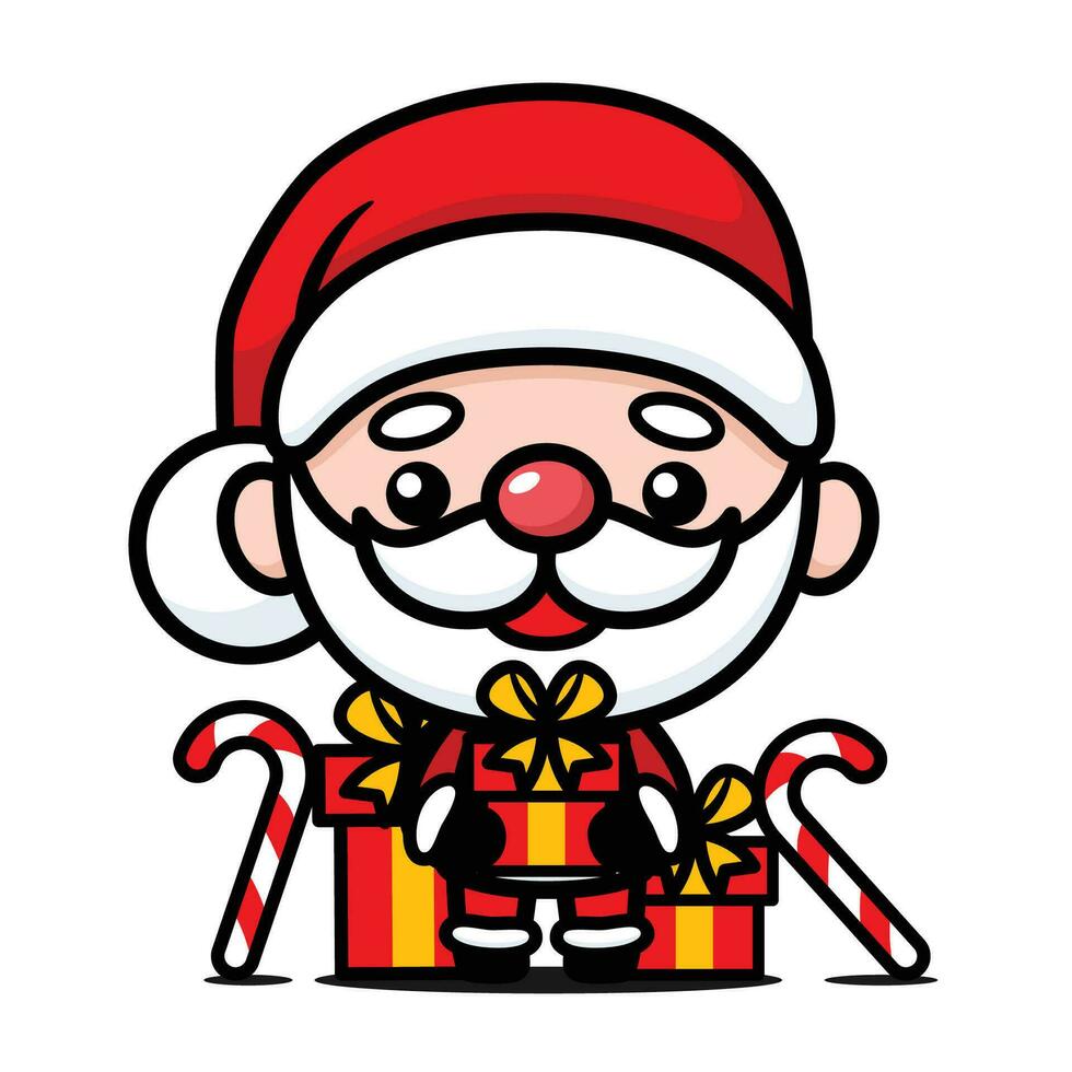 mignonne et kawaii Noël Père Noël claus dessin animé personnage avec présent des boites vecteur