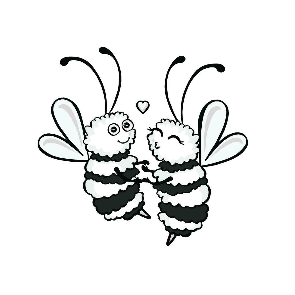 deux noir et blanc les abeilles filage dans danse, aimer, baiser, vecteur illustration