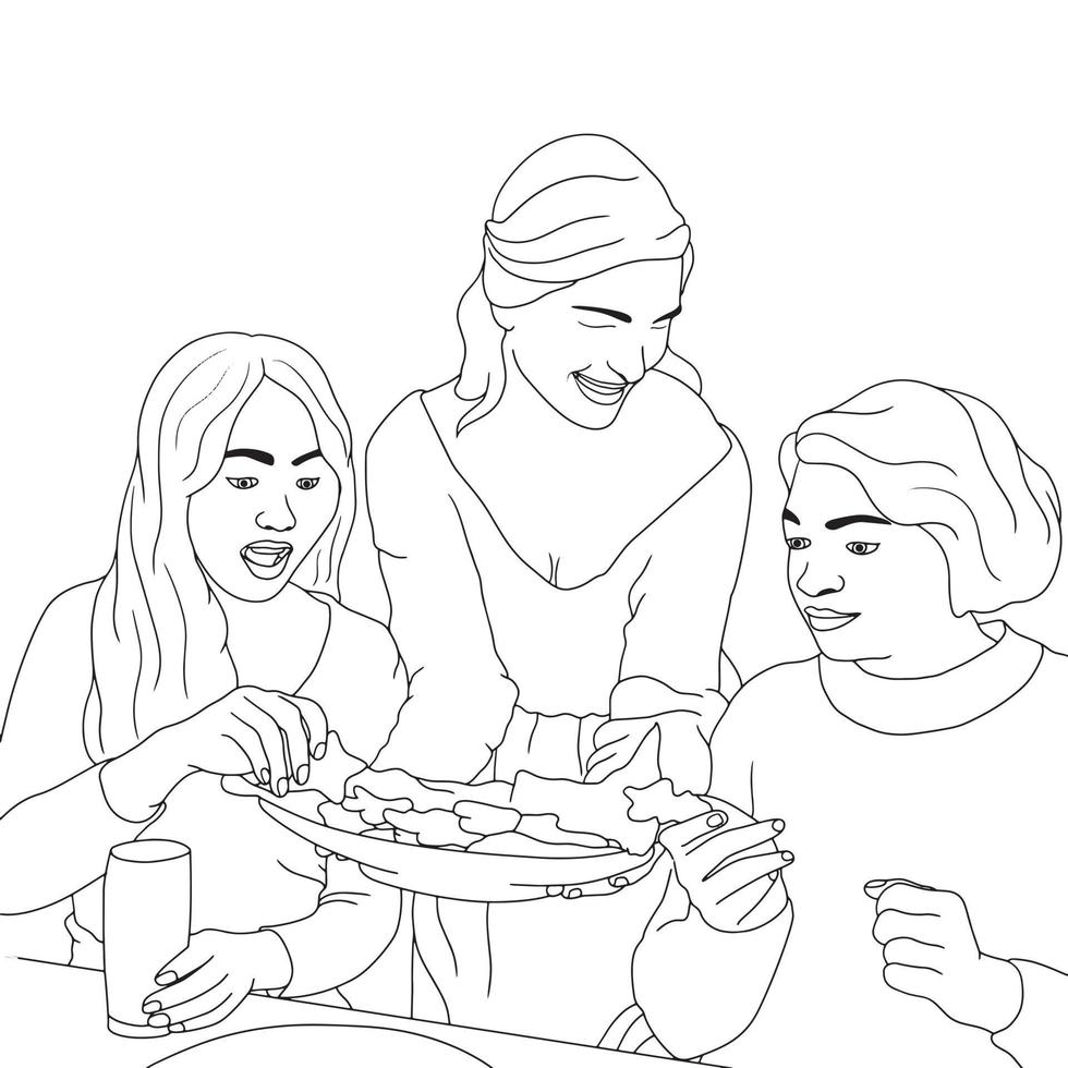 pages à colorier - un groupe d'amis s'amusant à la table à manger vecteur