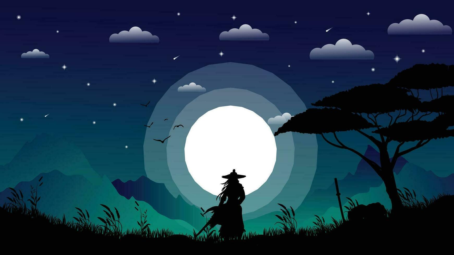 le samouraï sont repos fond d'écran 4k bureau. le samouraï sont repos Contexte. cool nuit vibe et plein lune. paysage vue illustration vecteur Contexte