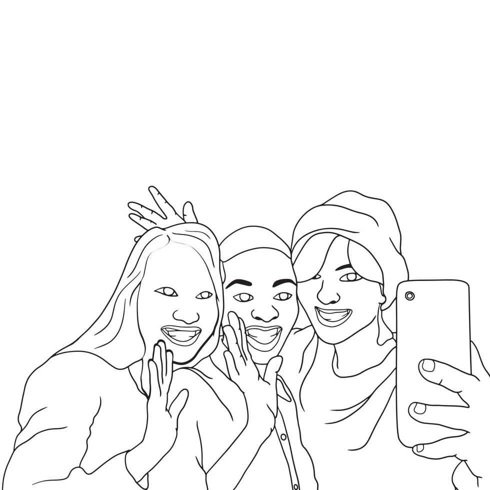 pages à colorier - un groupe de filles cliquant sur des selfies, des moments d'amis, vecteur