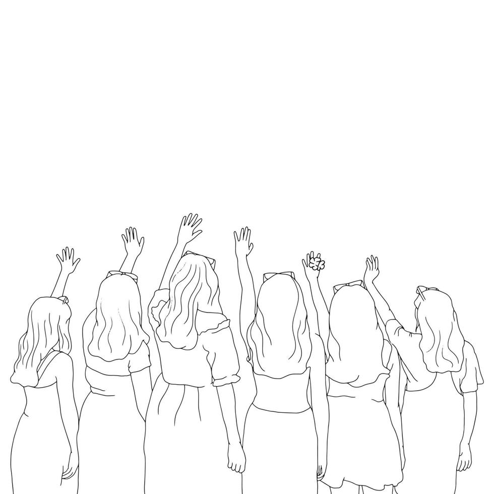 pages à colorier - un groupe de filles agitant les mains en l'air vecteur