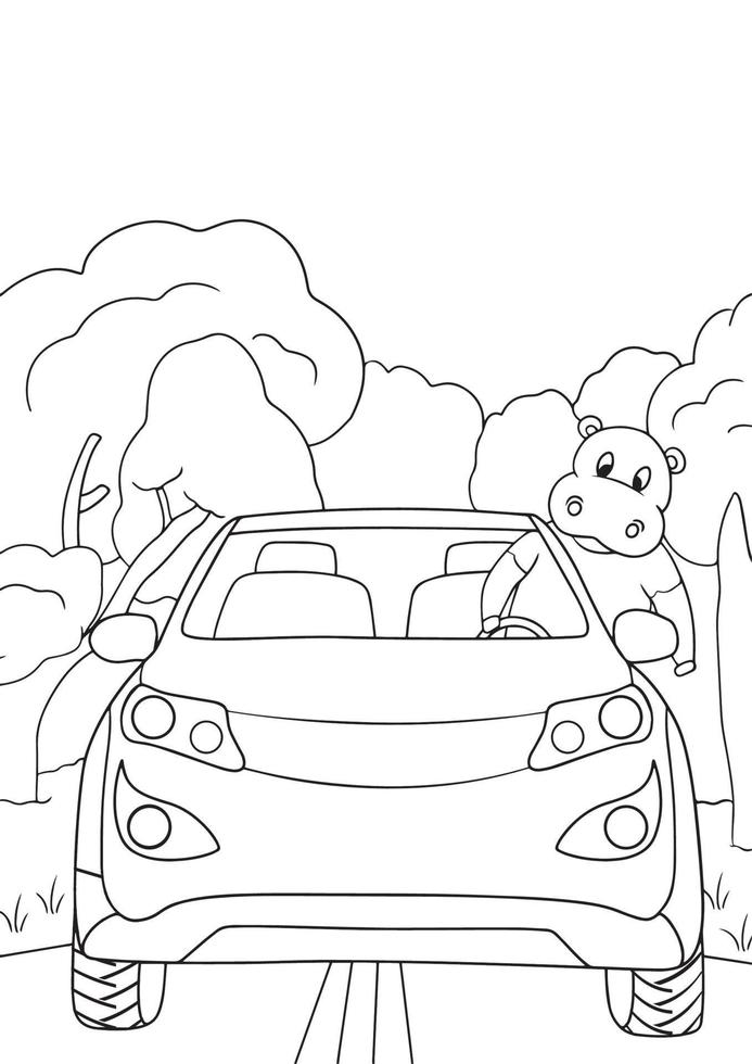 pages à colorier - animaux mignons avec illustration de voiture pour enfants. vecteur