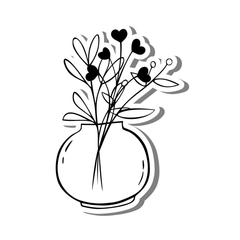noir ligne cœurs feuilles dans rond pot sur blanc silhouette et gris ombre. main tiré dessin animé style. vecteur illustration pour décorer et tout conception