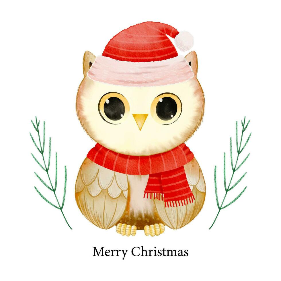 joyeux Noël avec aquarelle mignonne hibou portant Père Noël chapeau sur blanc Contexte vecteur