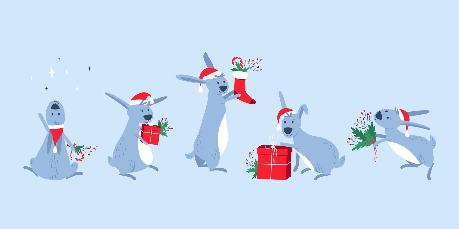 ensemble de lapins mignons dans des chapeaux de noël avec des cadeaux vecteur