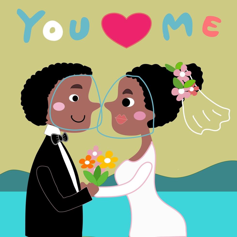 mariée et le marié africains dans le vecteur de dessin animé de mariage de plage covid