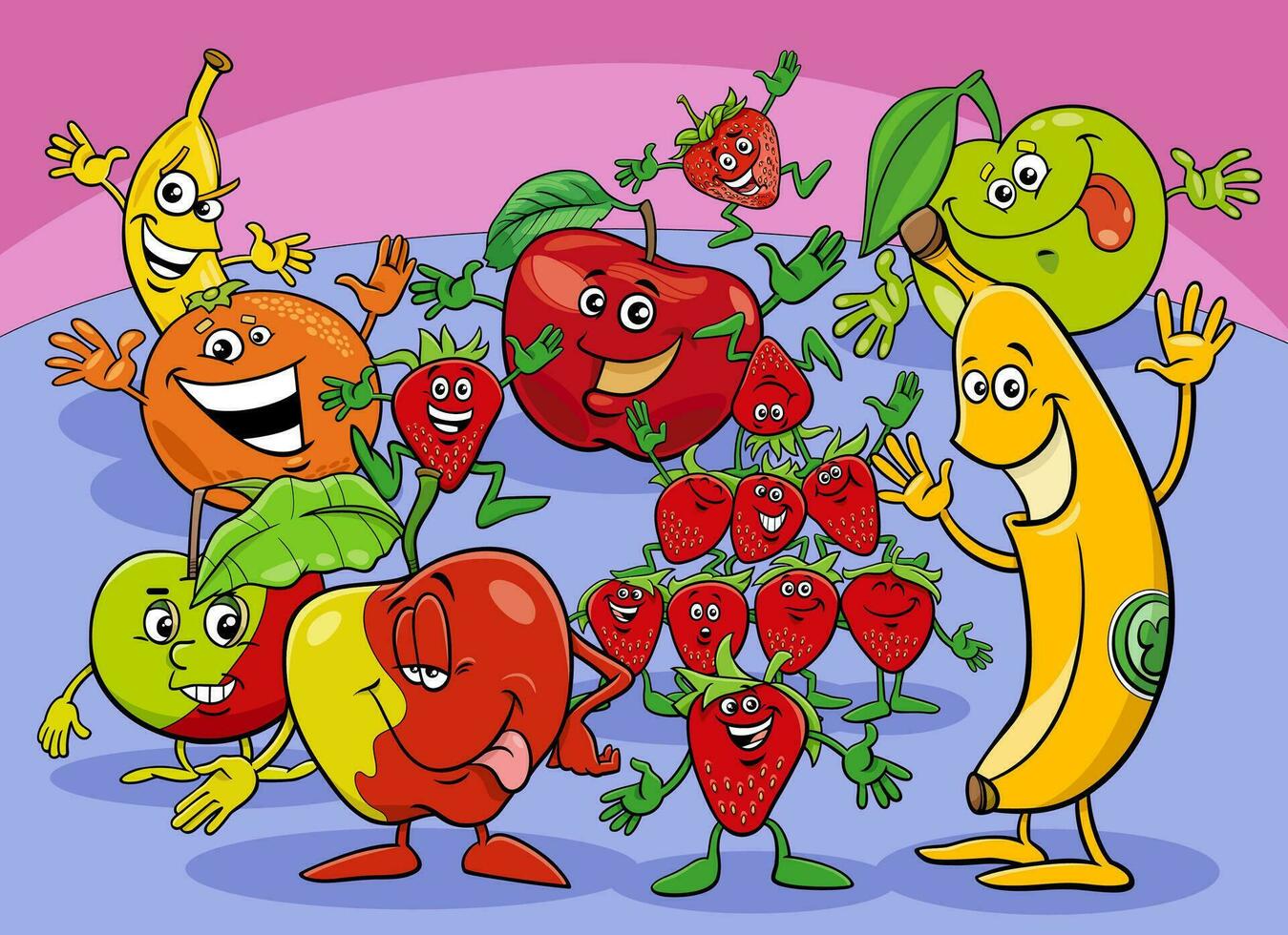 dessin animé content Frais fruit bande dessinée personnages groupe vecteur