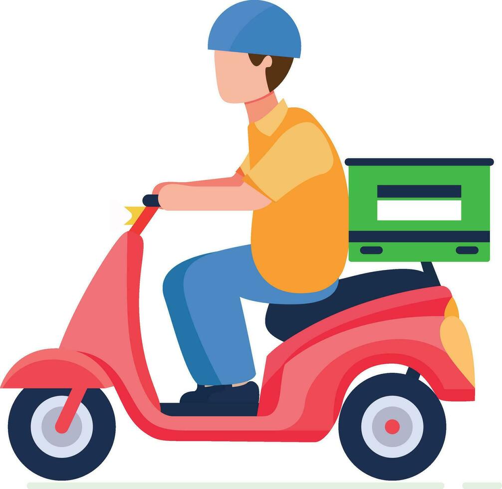 nourriture livraison chauffeur sur une moto plat style vecteur illustration, nourriture livraison cavalier sur une bicyclette avec une nourriture boîte Stock vecteur image