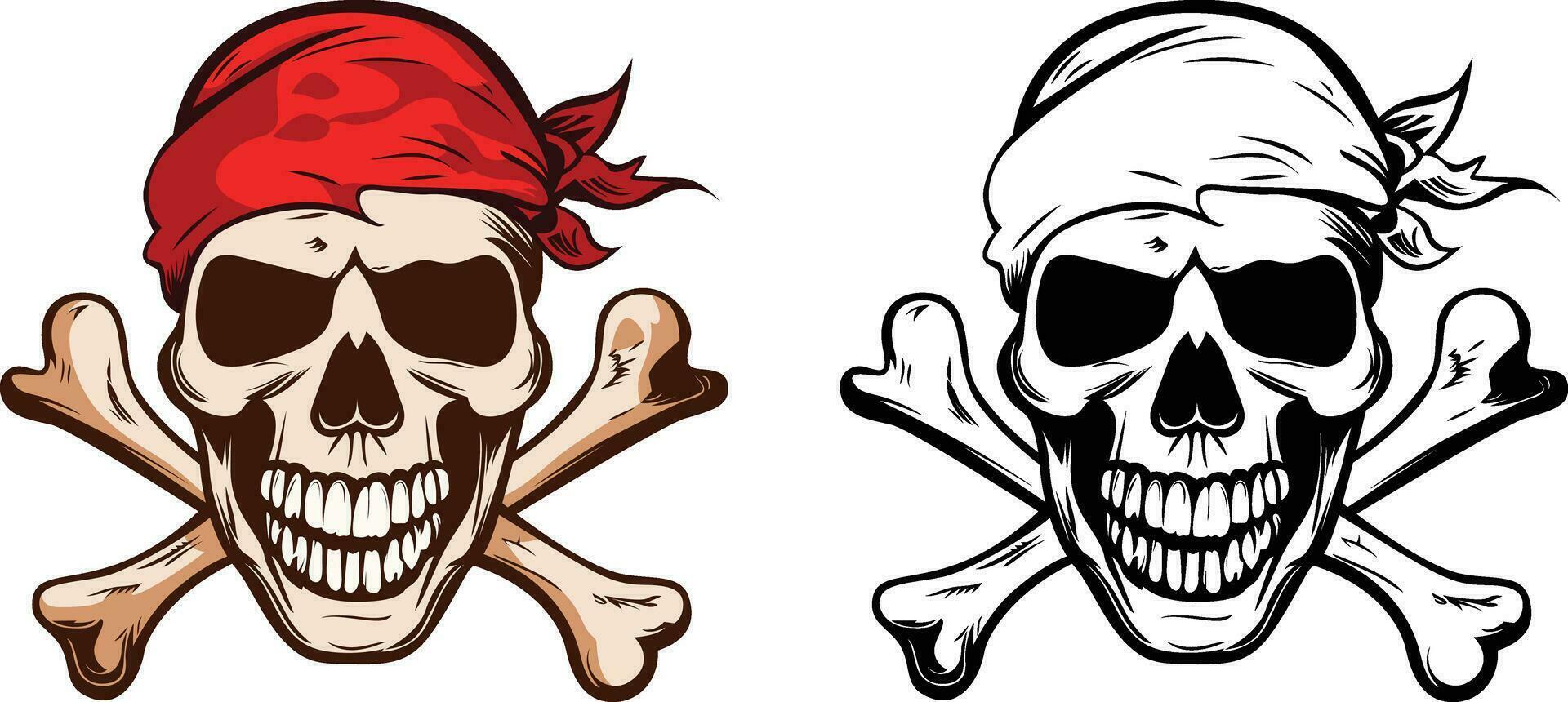 pirate crâne portant rouge bandana vecteur illustration pirate crâne et os croisés avec une rouge tissu sur tête coloré et noir et blanc ligne art Stock vecteur image