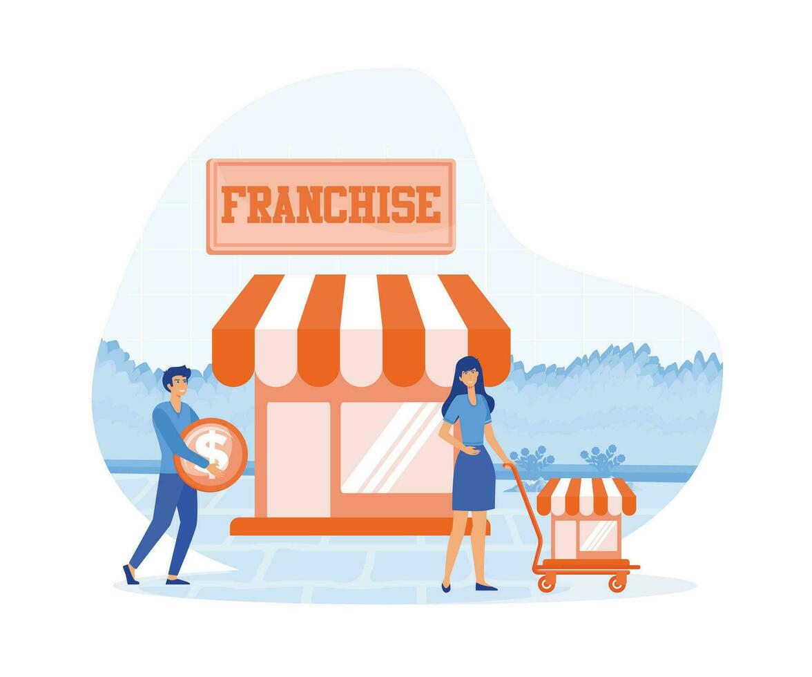 la franchise affaires composition avec images de magasins tenue par personnages de affaires gens avec emplacement panneaux. plat vecteur moderne illustration