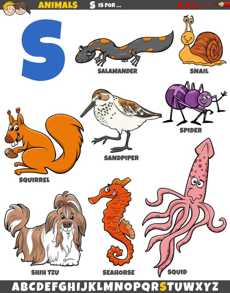 dessin animé animal personnages pour lettre s éducatif ensemble vecteur