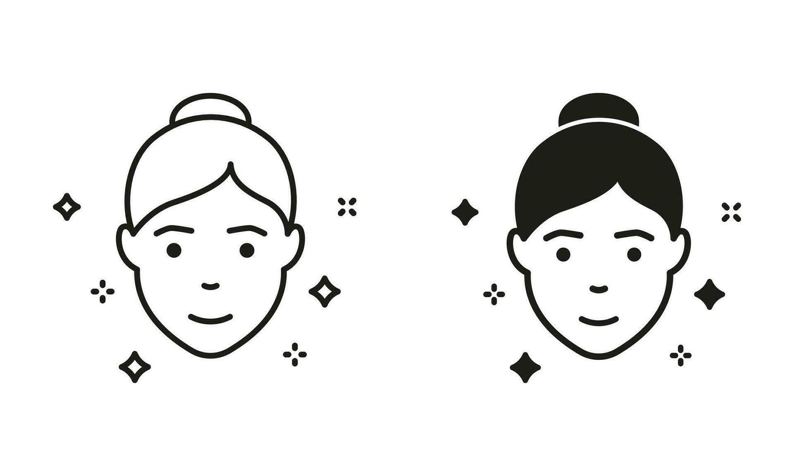 en bonne santé, Frais femelle visage avec nettoyer peau pictogramme. femme avec beauté visage peau ligne et silhouette noir icône ensemble. faciale soins de la peau, hygiène symbole collection. isolé vecteur illustration.