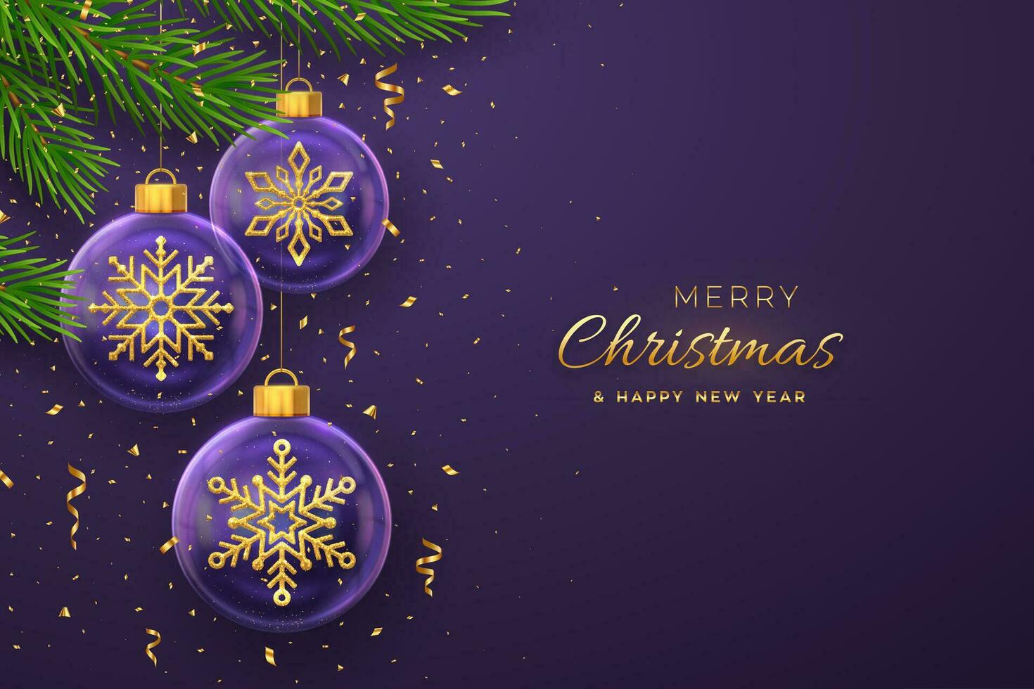 joyeux Noël salutation carte ou bannière. pendaison transparent verre des balles avec d'or flocons de neige à l'intérieur, pin branches sur violet Contexte avec or chute confettis. Nouveau année 3d. vecteur illustration.