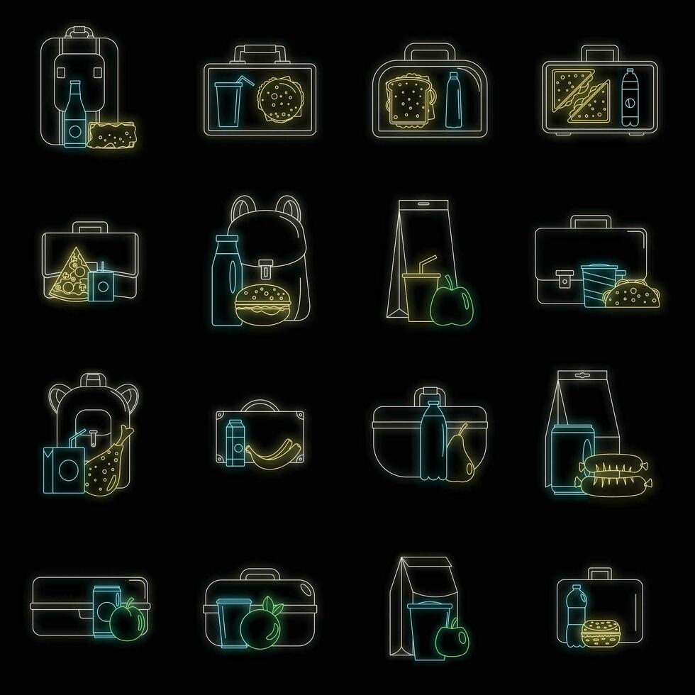 boîte à déjeuner nourriture Icônes ensemble vecteur néon