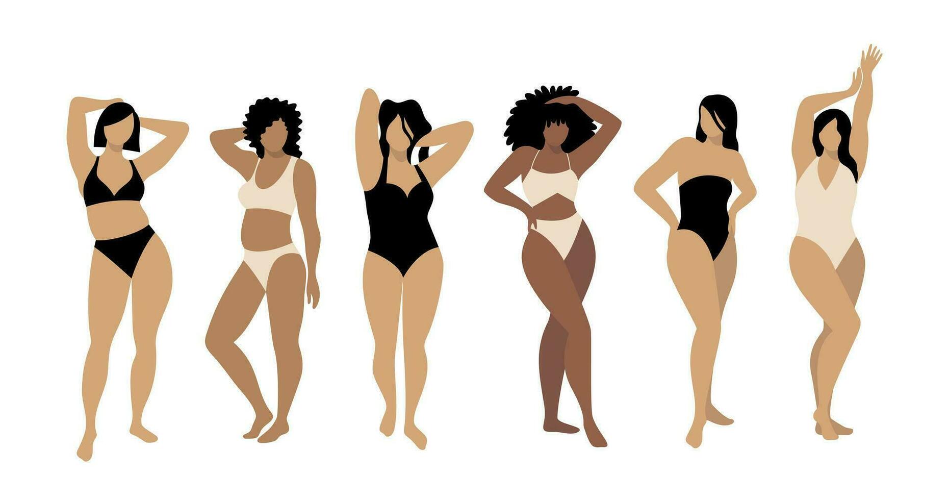 ensemble de magnifique plus Taille femmes dans maillots de bain. femelle courbée personnages de différent l'ethnie et peau couleur. diversité. positif corps concept. isolé vecteur illustration