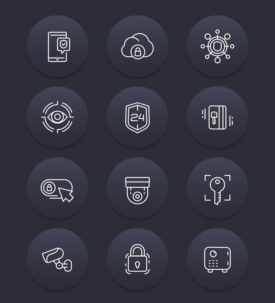 sécurité, vidéosurveillance, analyse biométrique, icônes de ligne de données sécurisées vecteur