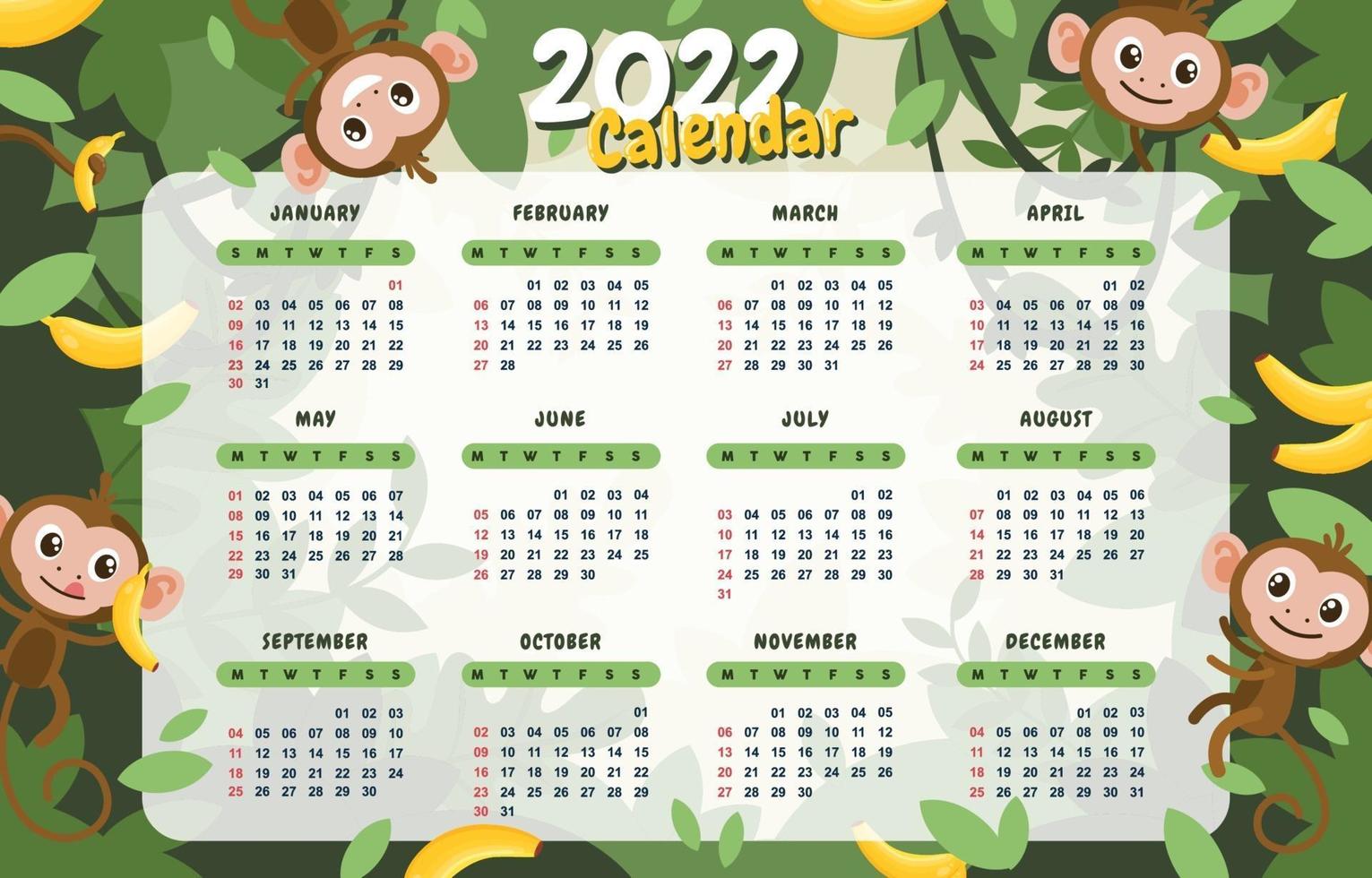 joli calendrier sur le thème du singe et de la banane de la jungle vecteur