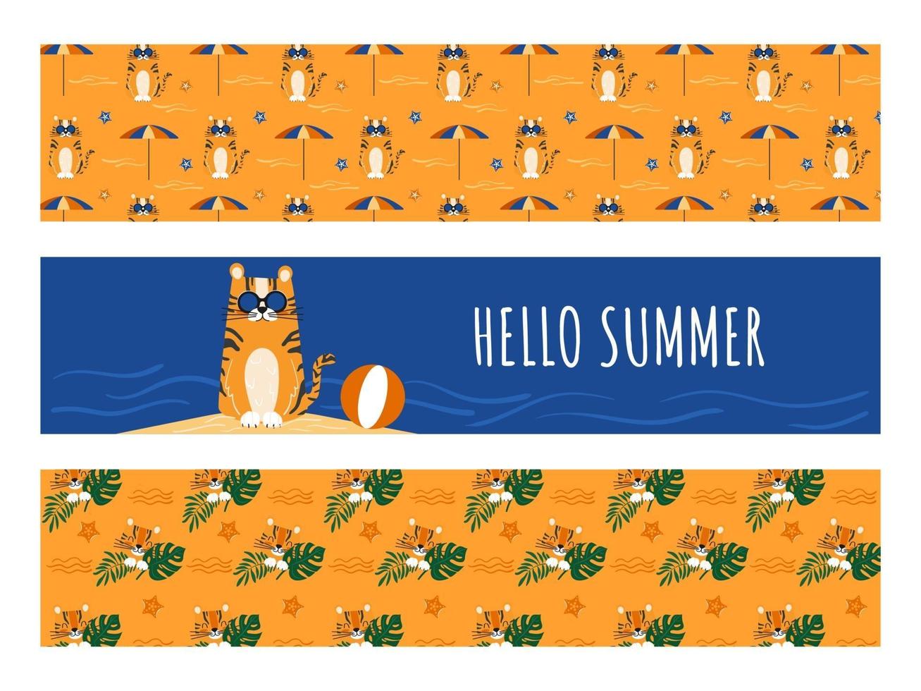 rubans horizontaux bonjour l'été avec un personnage de tigre de dessin animé mignon vecteur