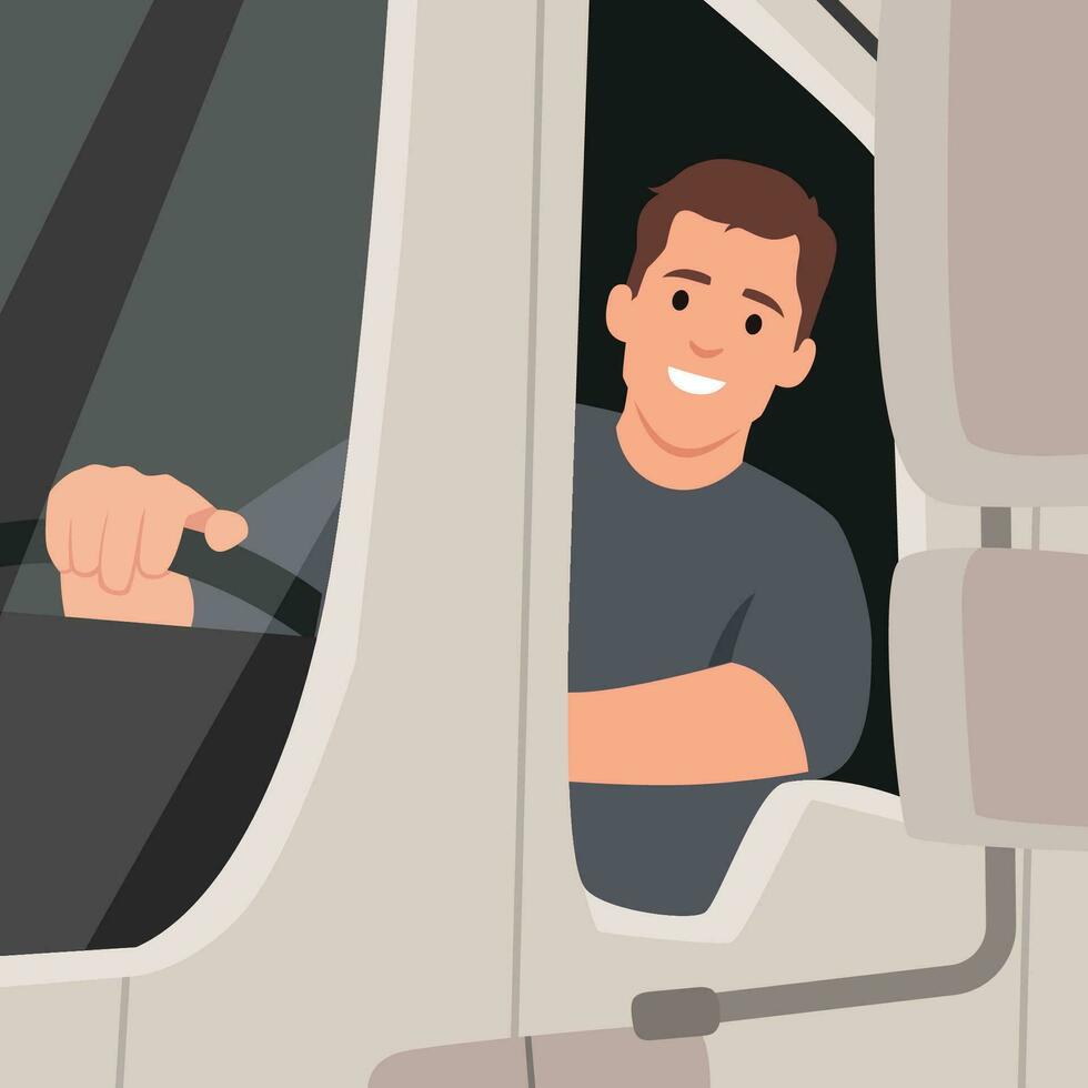 Jeune homme conduite une livraison camion. souriant un camion chauffeur dans le auto. livraison cargaison service. vecteur