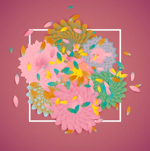 Fleurs colorées avec bordure blanche et feuilles, illustration vectorielle vecteur