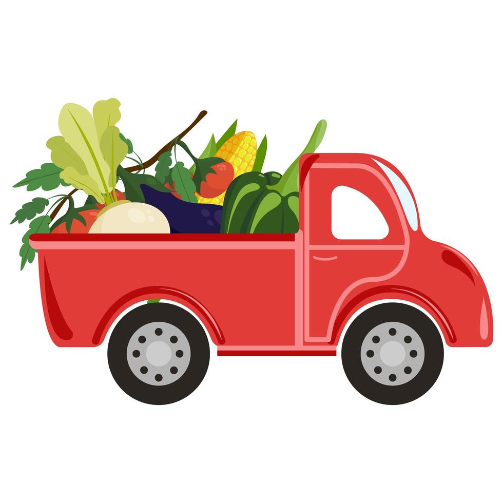 camion rouge avec récolte de légumes. fond isolé vecteur