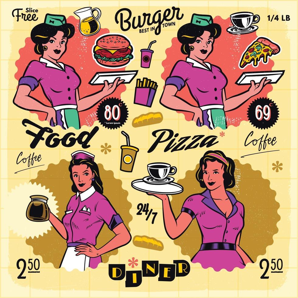 Éléments de conception d'étiquette de badge de menu d'affiche de diner vintage vecteur