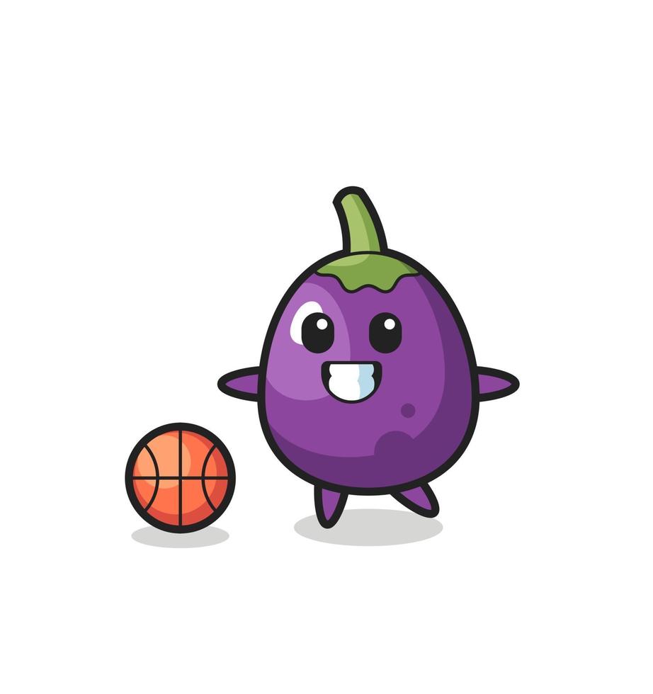 illustration de dessin animé d'aubergine joue au basket vecteur