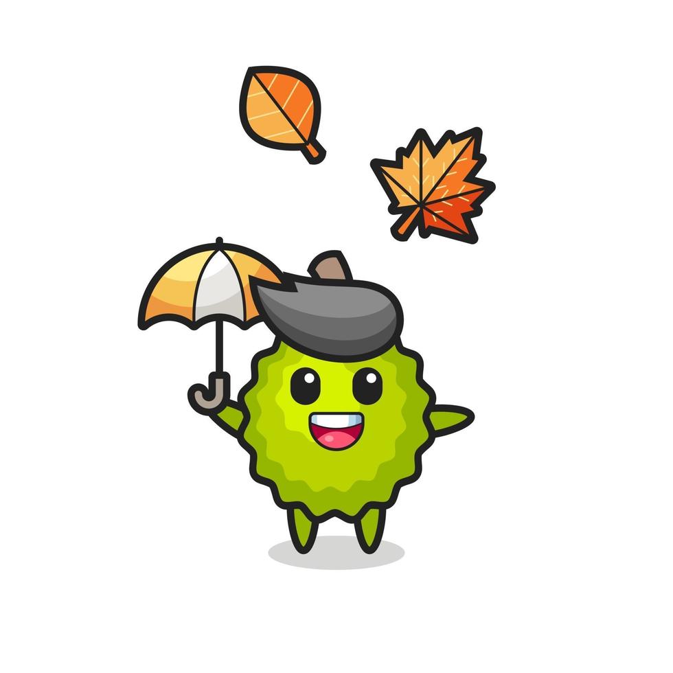 dessin animé du durian mignon tenant un parapluie en automne vecteur