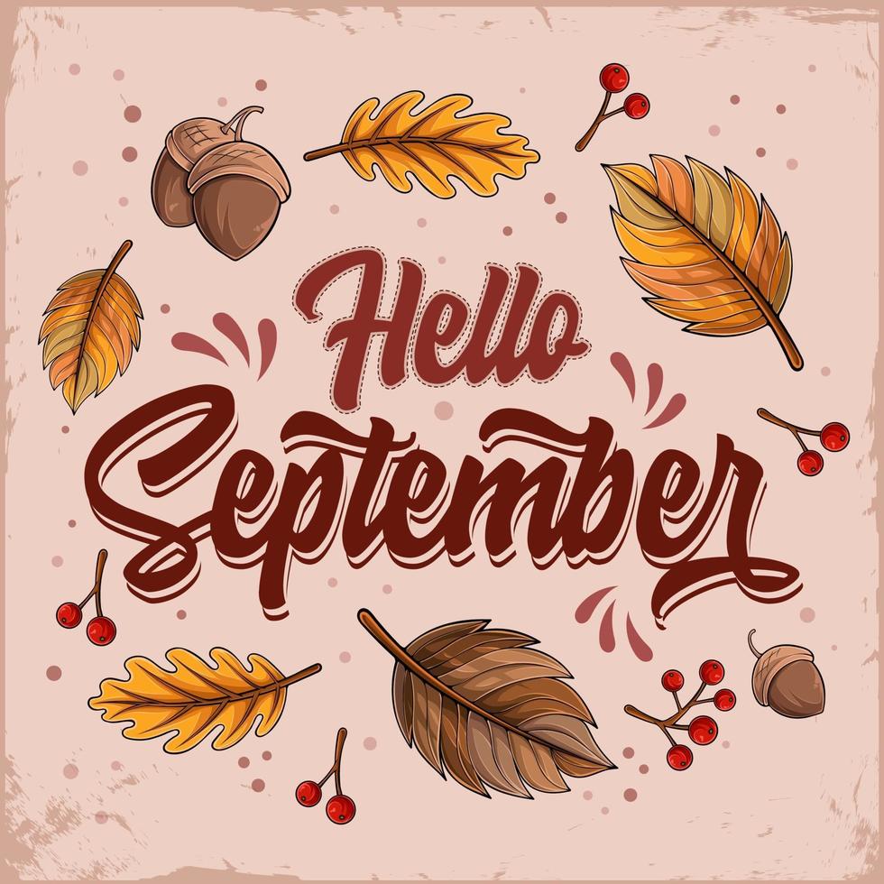 bonjour septembre dessiné à la main avec des feuilles qui tombent et des noix vecteur