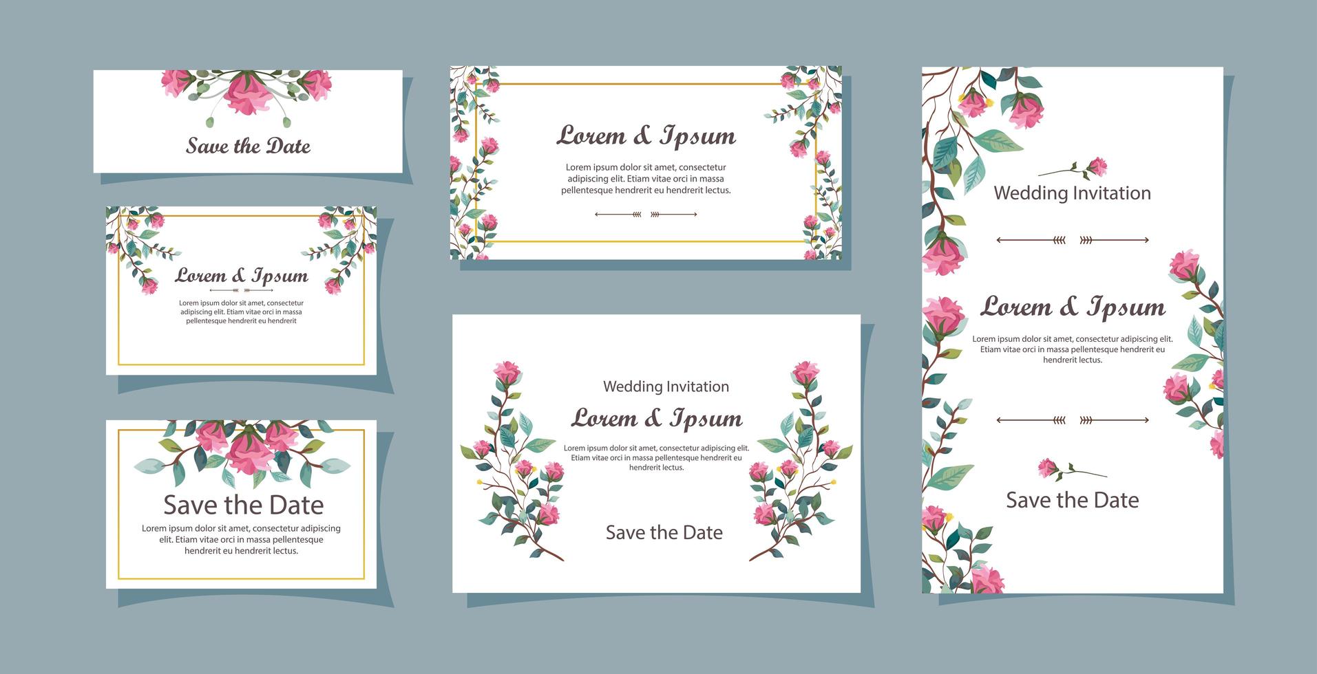 ensemble de cartes d'invitation de mariage avec décoration de fleurs vecteur