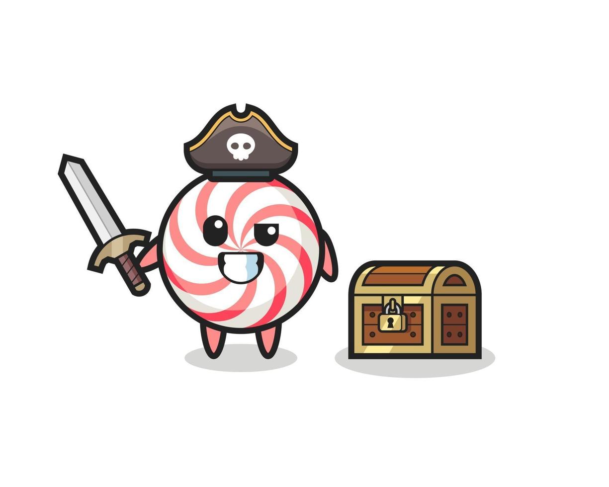 le personnage de pirate de bonbons tenant une épée à côté d'une boîte au trésor vecteur