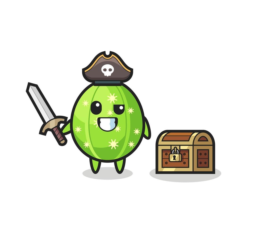 le personnage de pirate cactus tenant une épée à côté d'un coffre au trésor vecteur