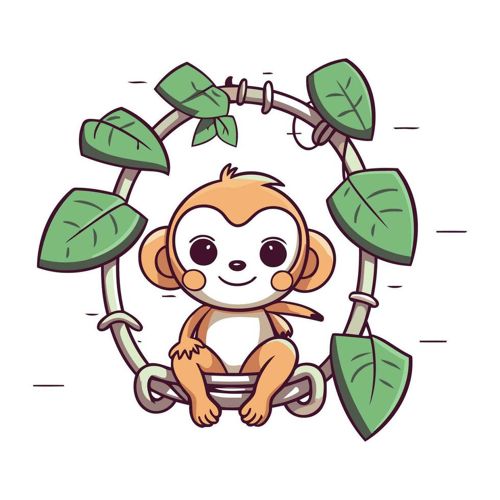 mignonne dessin animé singe séance sur le branche avec feuilles. vecteur illustration.